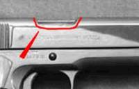 The red outlines the bottom of the standard ejection port on an original 1911A1. The red outlines the bottom of the standard ejection port on an original 1911A1.